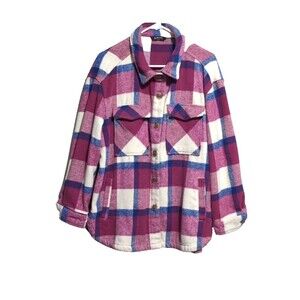 Women's Flannel Shacket Size XL Button Up Long Sleeve Warm Plaid Purple Pink